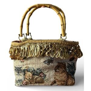Vintage Tapestry Bamboo Handle Handbag Cats Butterflies Floral Gold Fringe